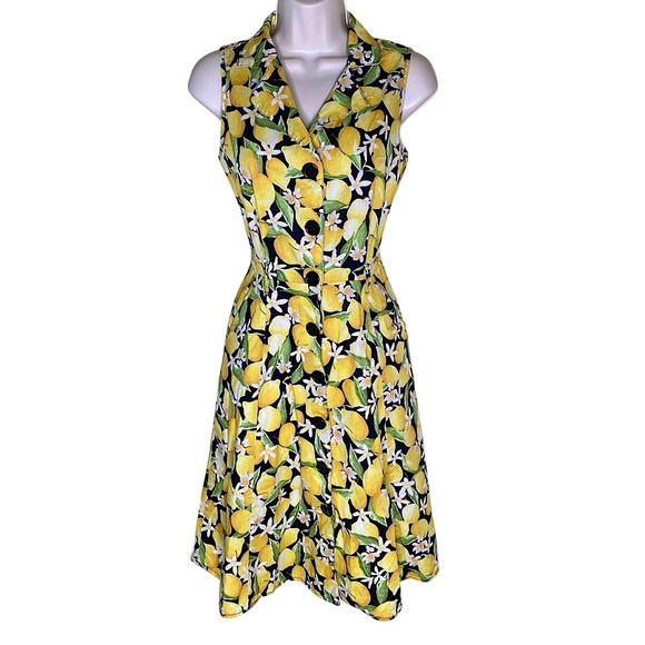 Mlle Gabrielle Lemon Print Yellow Black Halter A-line Midi Dress Size Small S - Picture 1 of 10